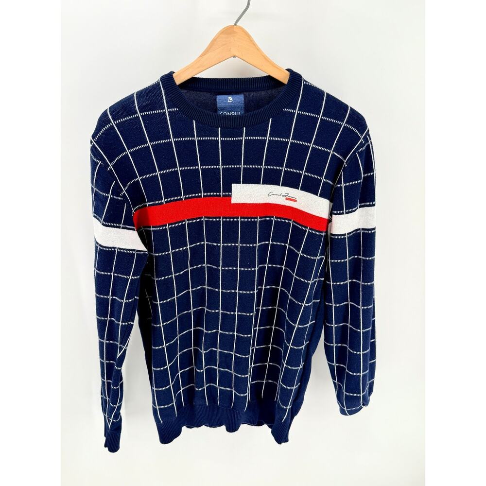 Consul Vintage Crewneck Sweater Men's L Navy Windowpane Grid Red Stripe Knit Ten